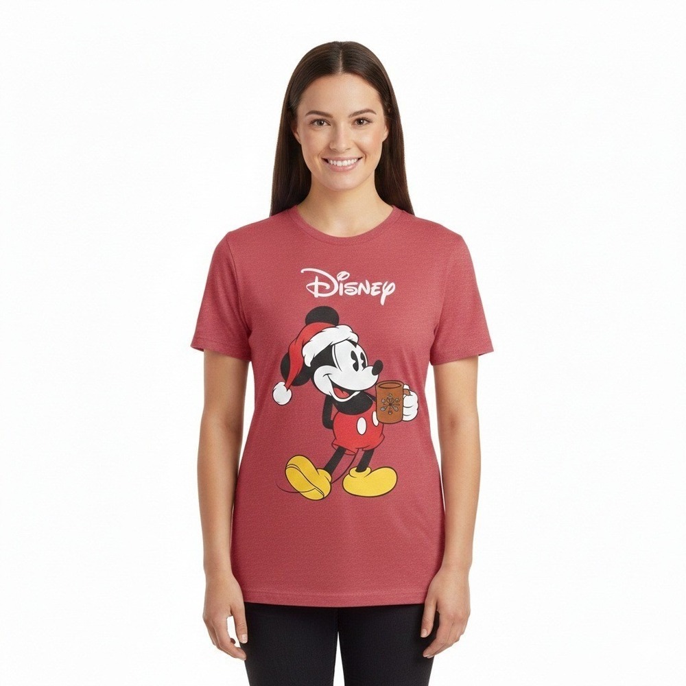 Disney Mickey Mouse Christmas Graphic Tee Holiday T-Shirt Red Size M